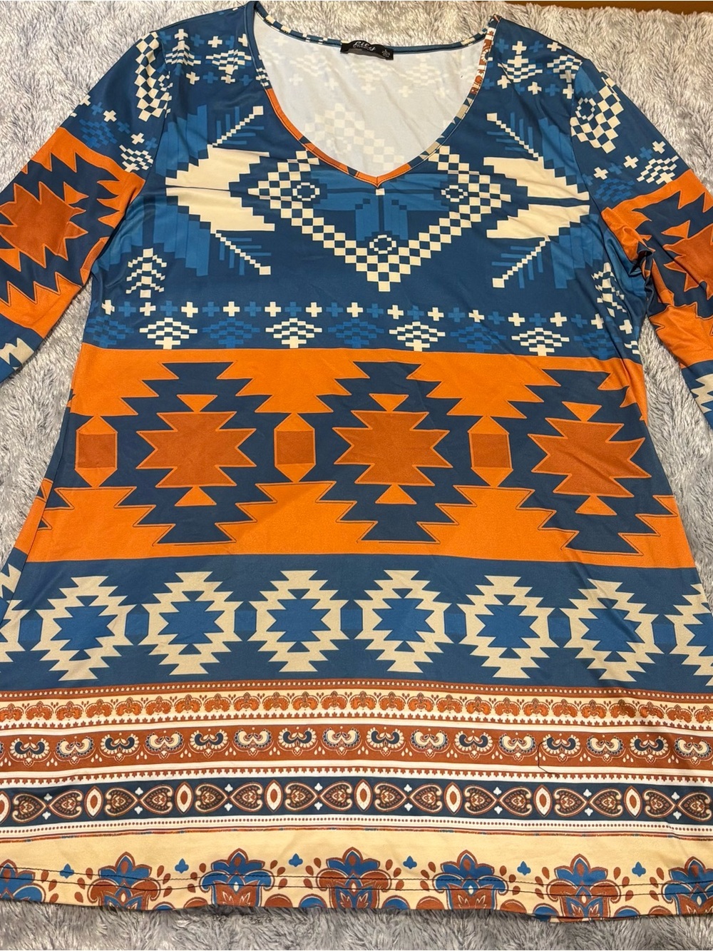 Aztec-Print V-Neck Tunic Top - Lily by Firmiana Stretch Top in Blue & Orange